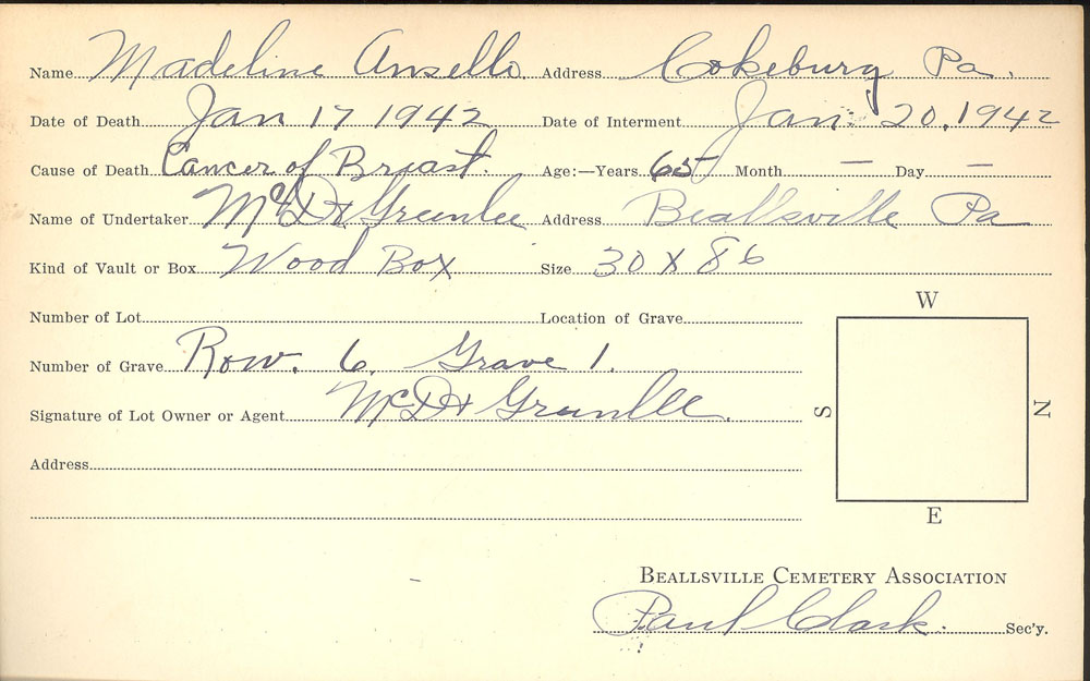 Madeline Ansello burial card